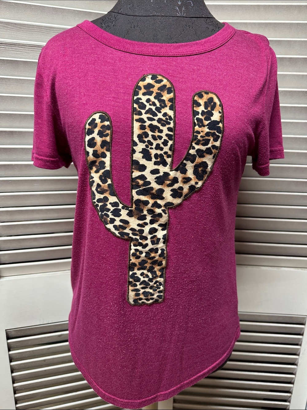 Southern Grace Magenta Short Sleeve Tee with Leopard Cactus Applique